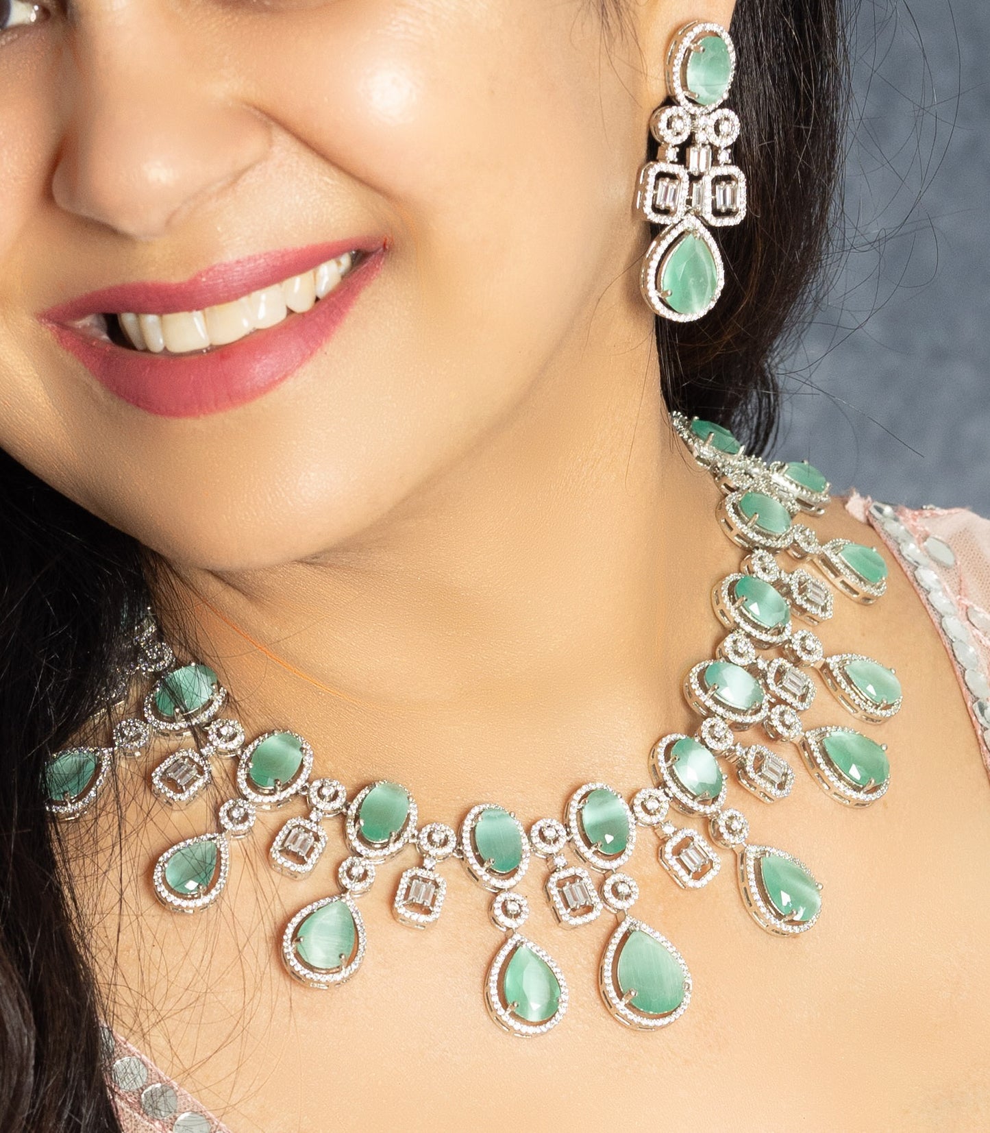 Premium Quality A.D Necklace with Mint Green Stone