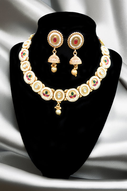 Fine Gold Finish Necklace with Green and Ruby Kundan Stones