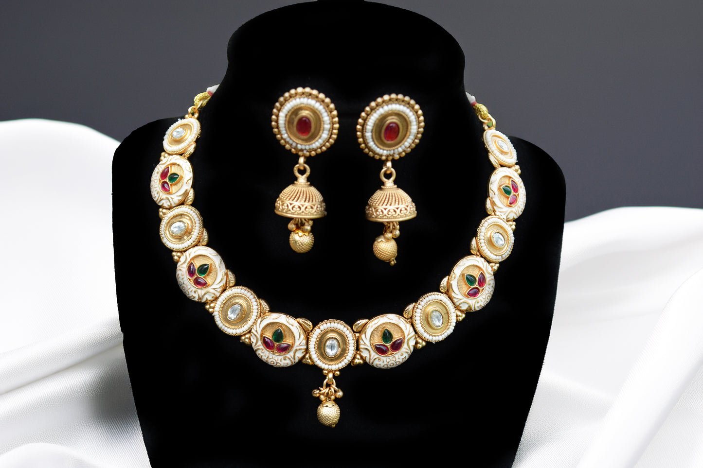 Fine Gold Finish Necklace with Green and Ruby Kundan Stones