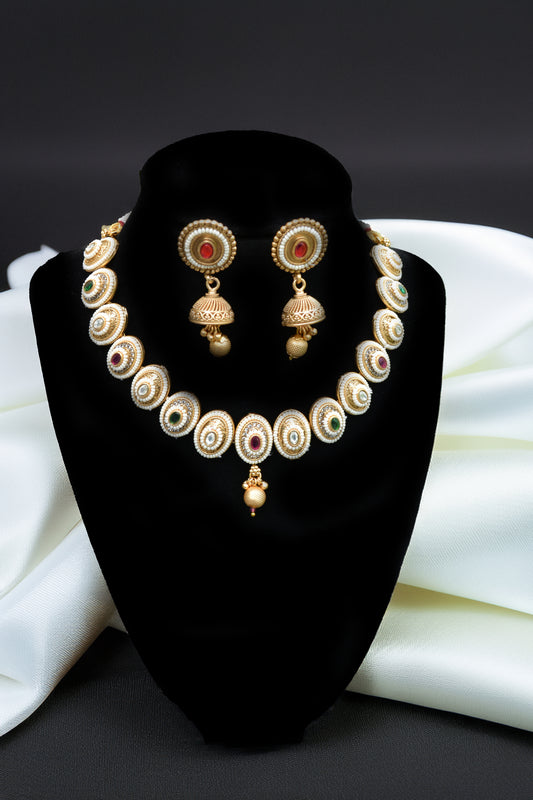 Fine Gold Finish Kundan Necklace with White Stones