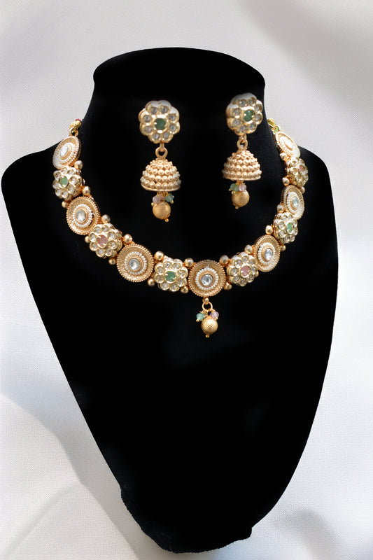 Fine Gold Finish Kundan Necklace with multi colored Stones