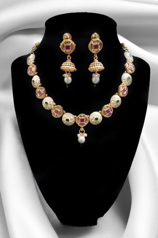 Fine Gold Finish Meenakari Necklace with Green and Ruby Kundan