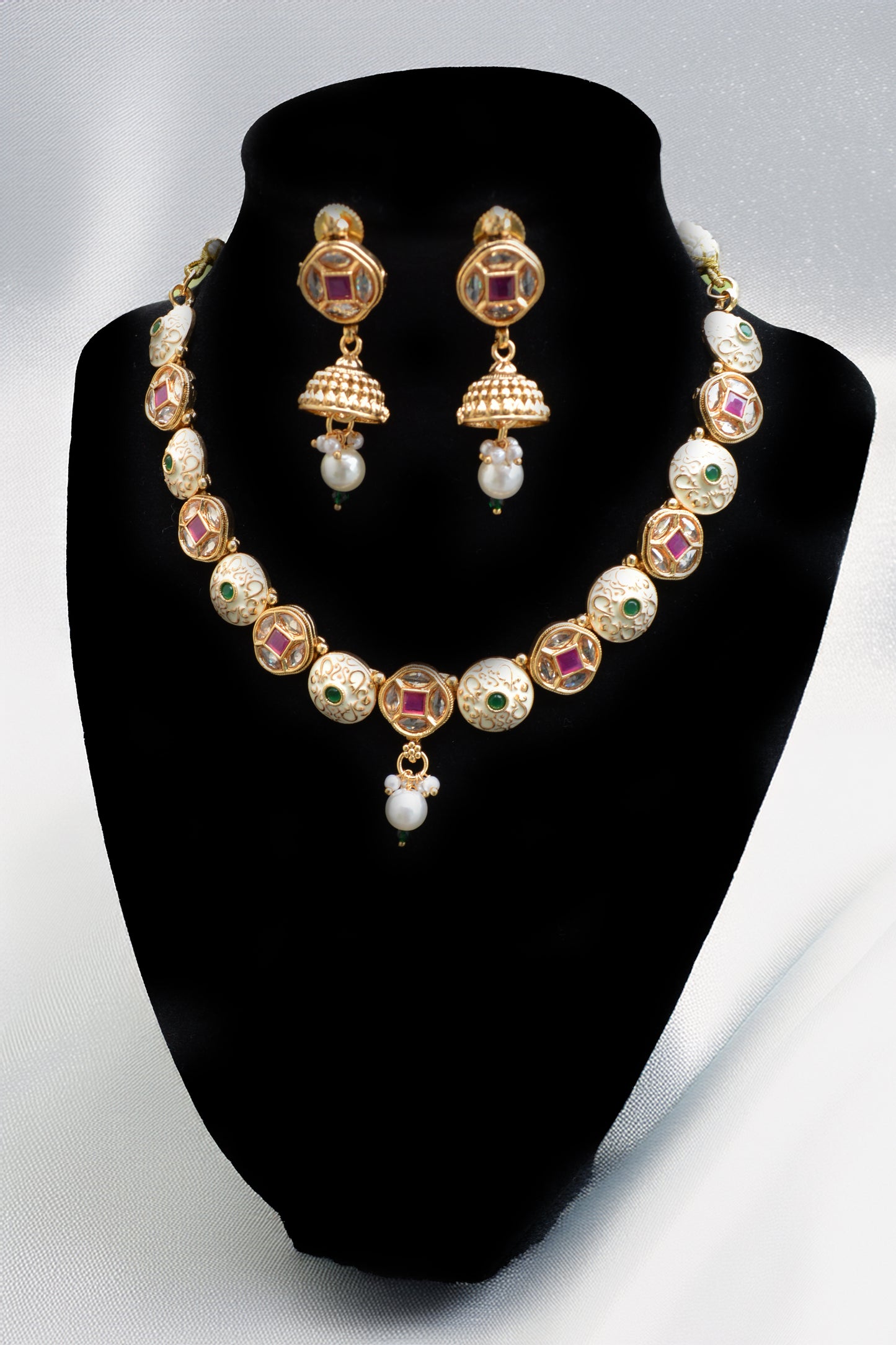 Fine Gold Finish Meenakari Necklace with Green and Ruby Kundan