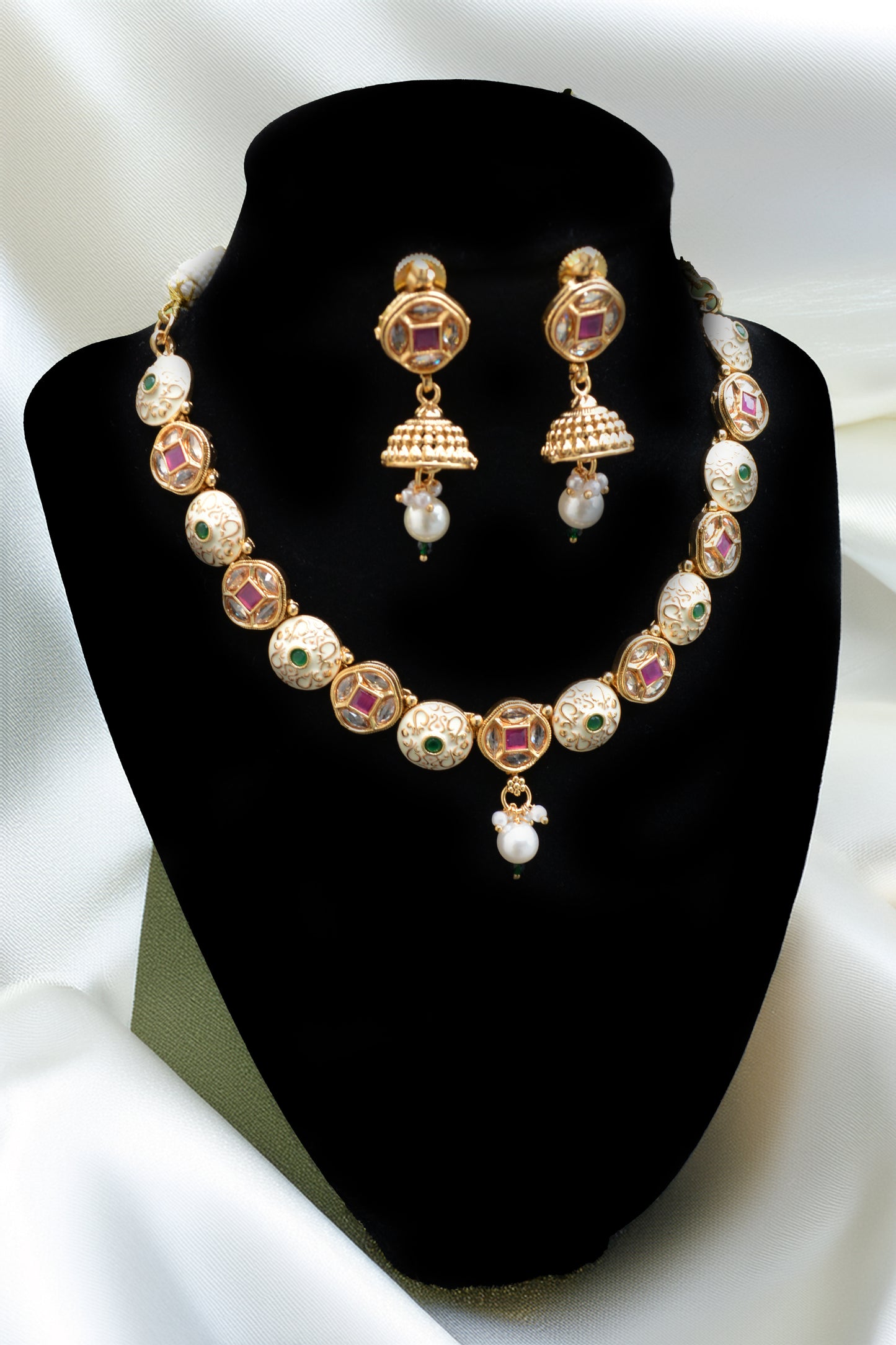 Fine Gold Finish Meenakari Necklace with Green and Ruby Kundan