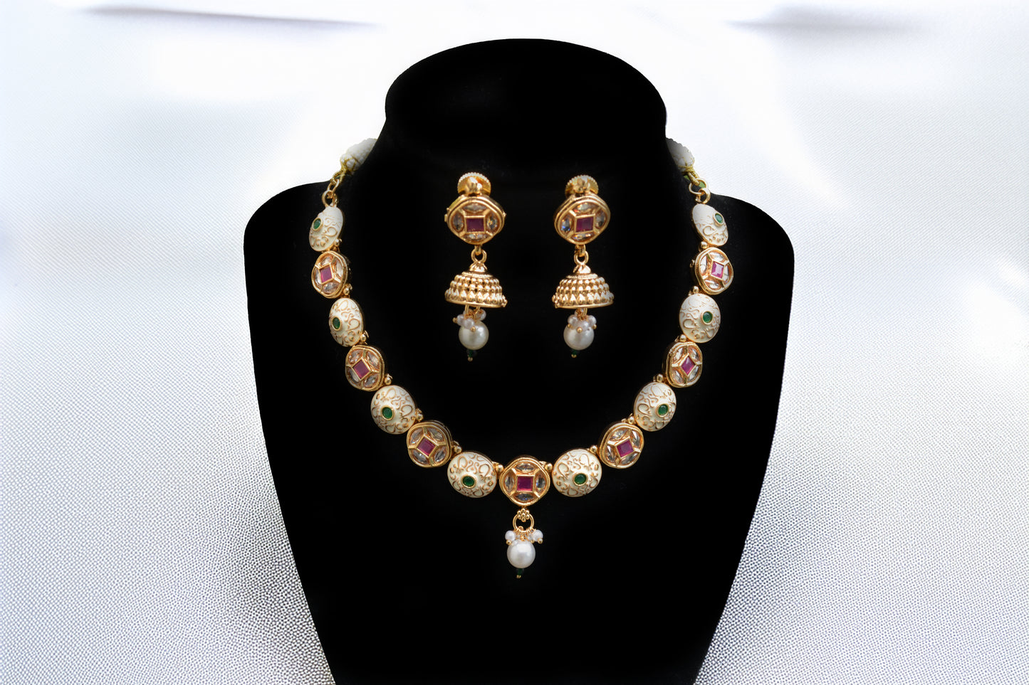 Fine Gold Finish Meenakari Necklace with Green and Ruby Kundan