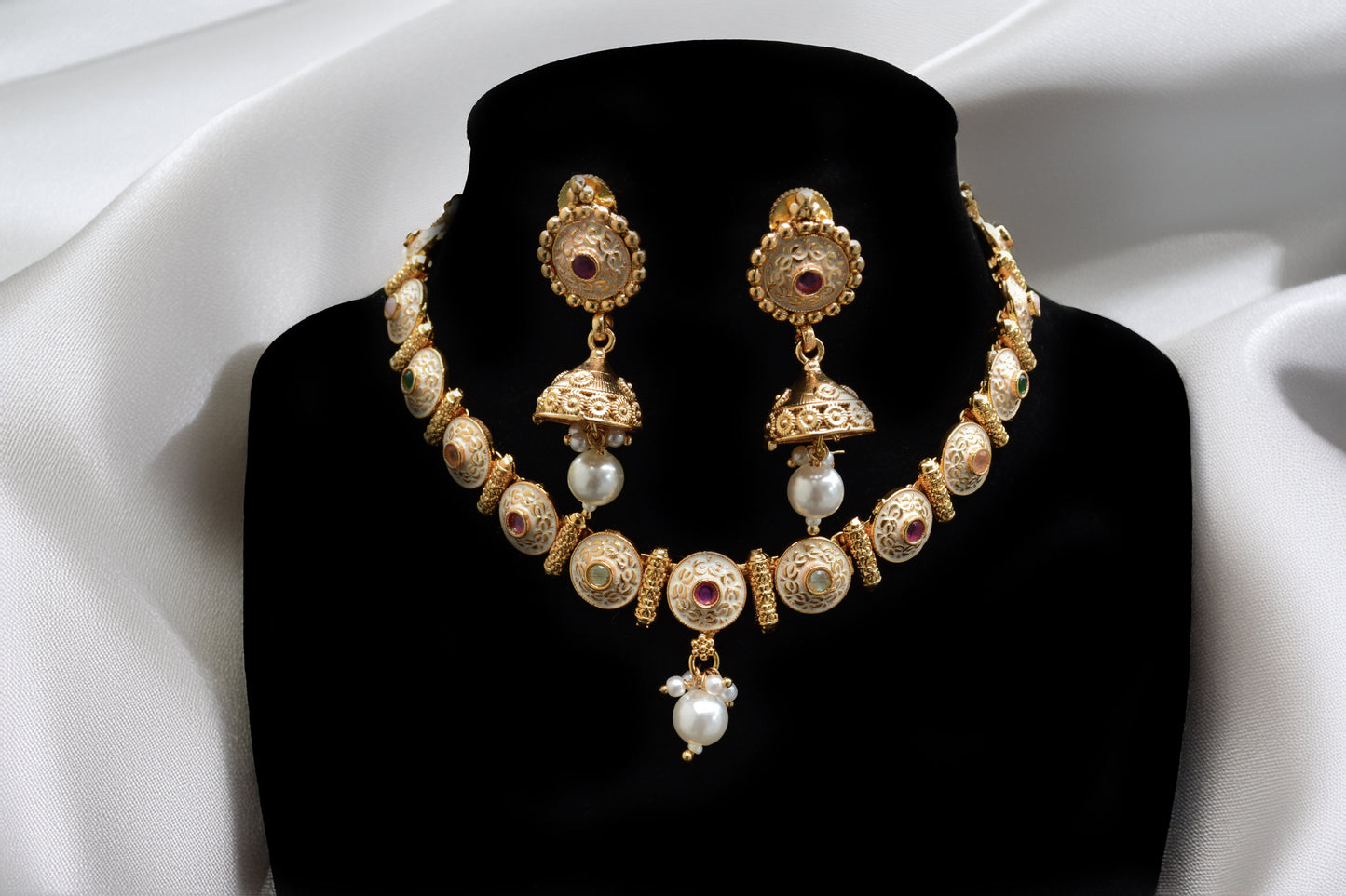 Fine Gold Finish Meenakari Necklace with Green and Ruby Kundan