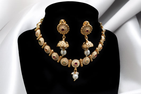 Fine Gold Finish Meenakari Necklace with Green and Ruby Kundan