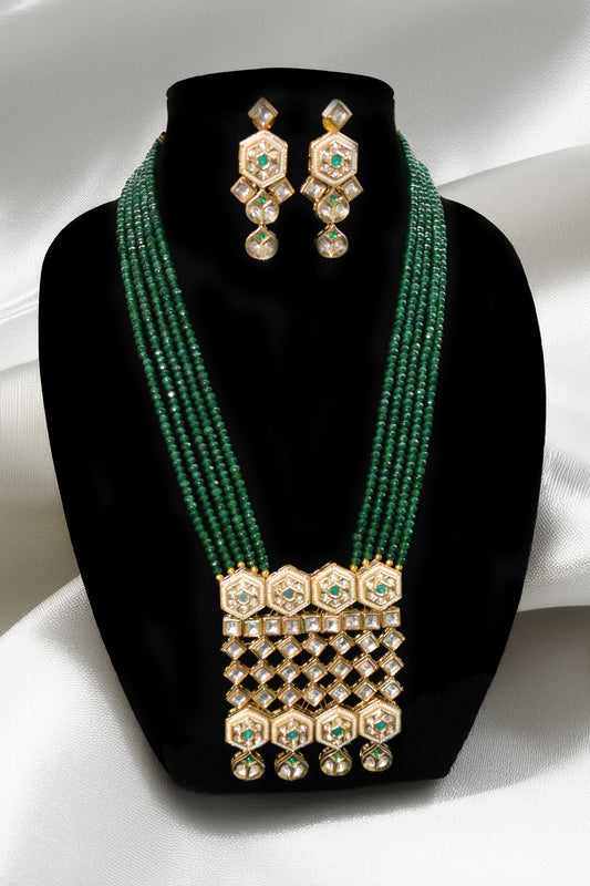 Green beads kundan long necklace with statement pendant