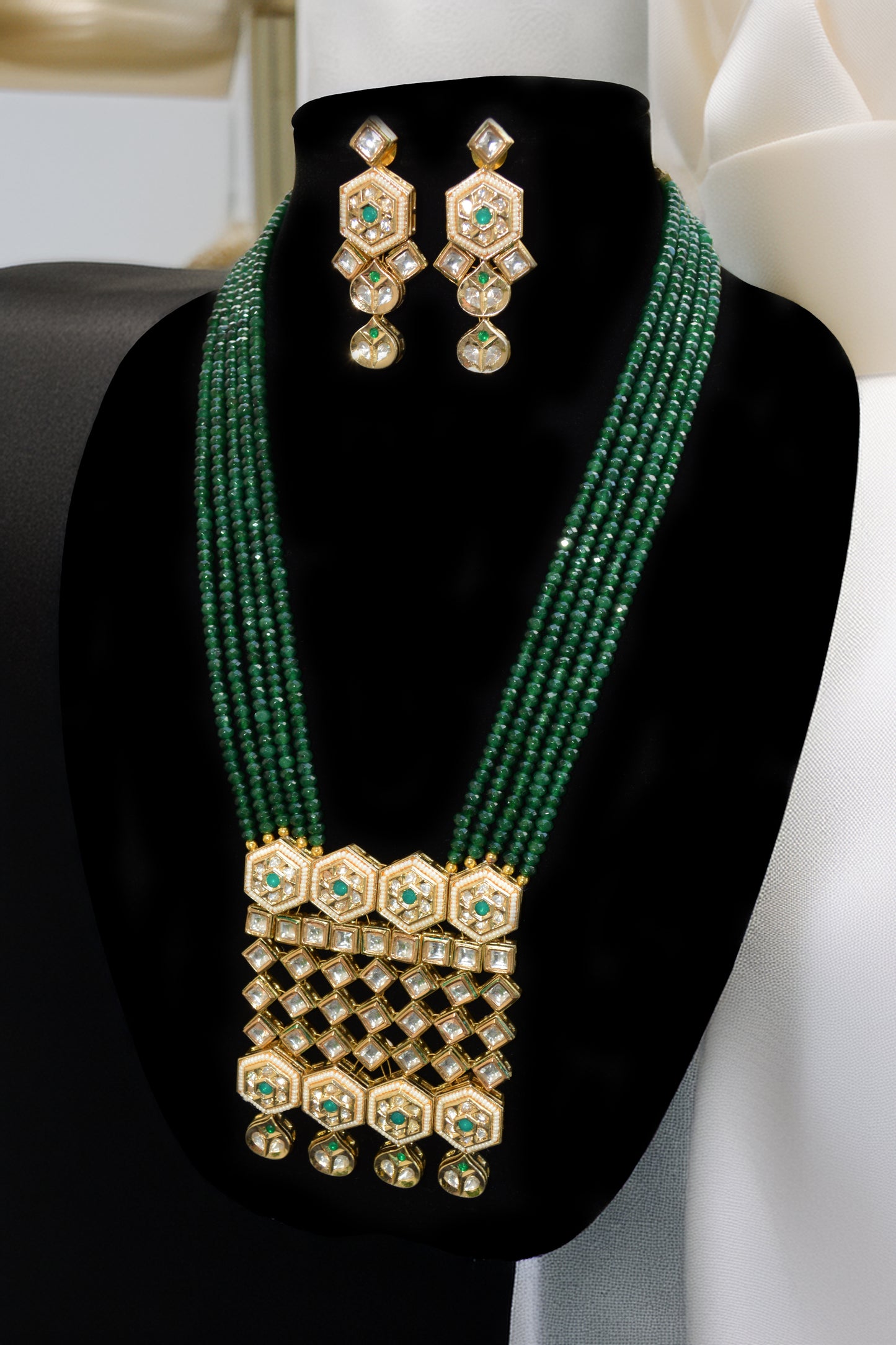 Green beads kundan long necklace with statement pendant