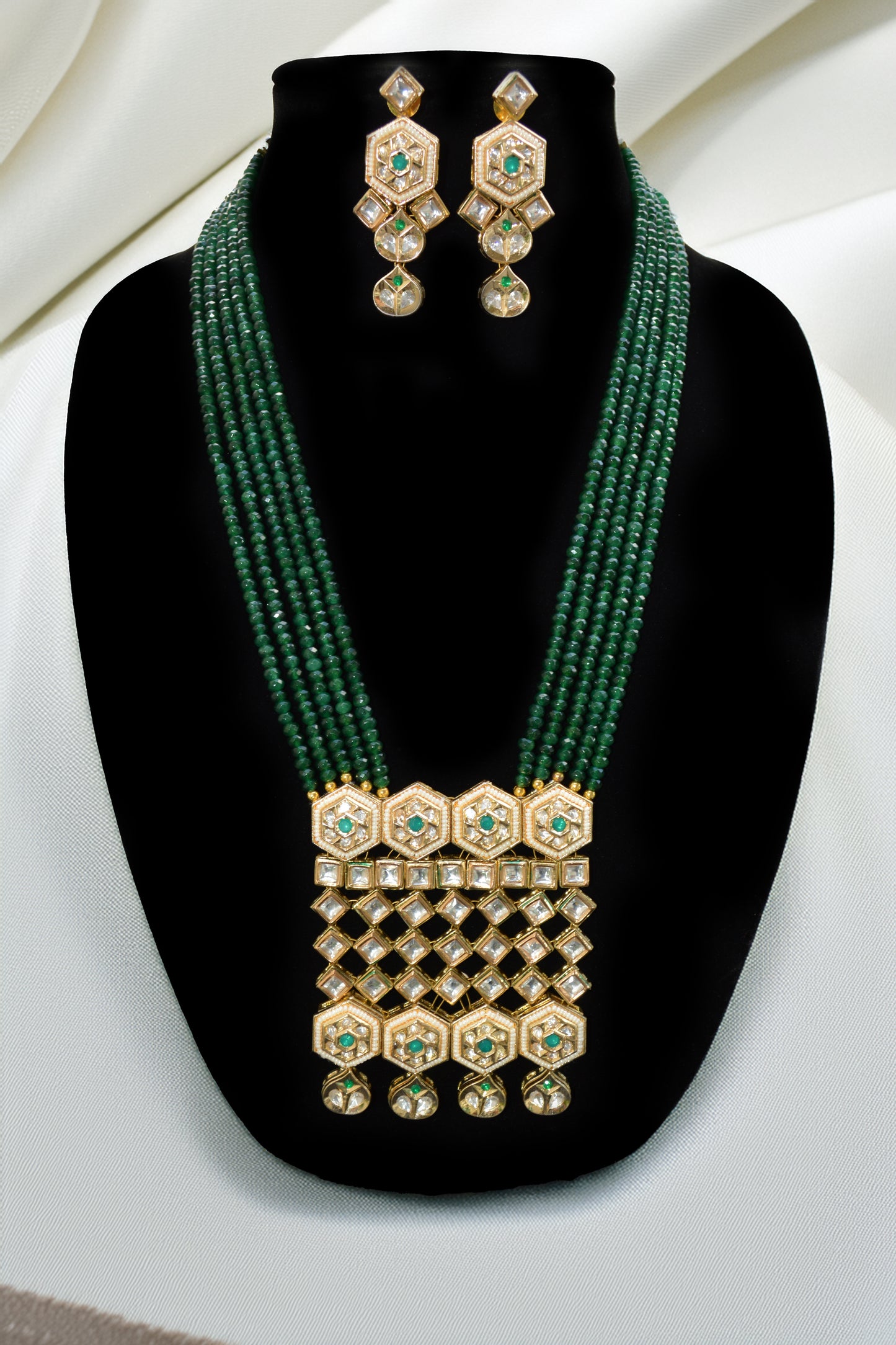 Green beads kundan long necklace with statement pendant